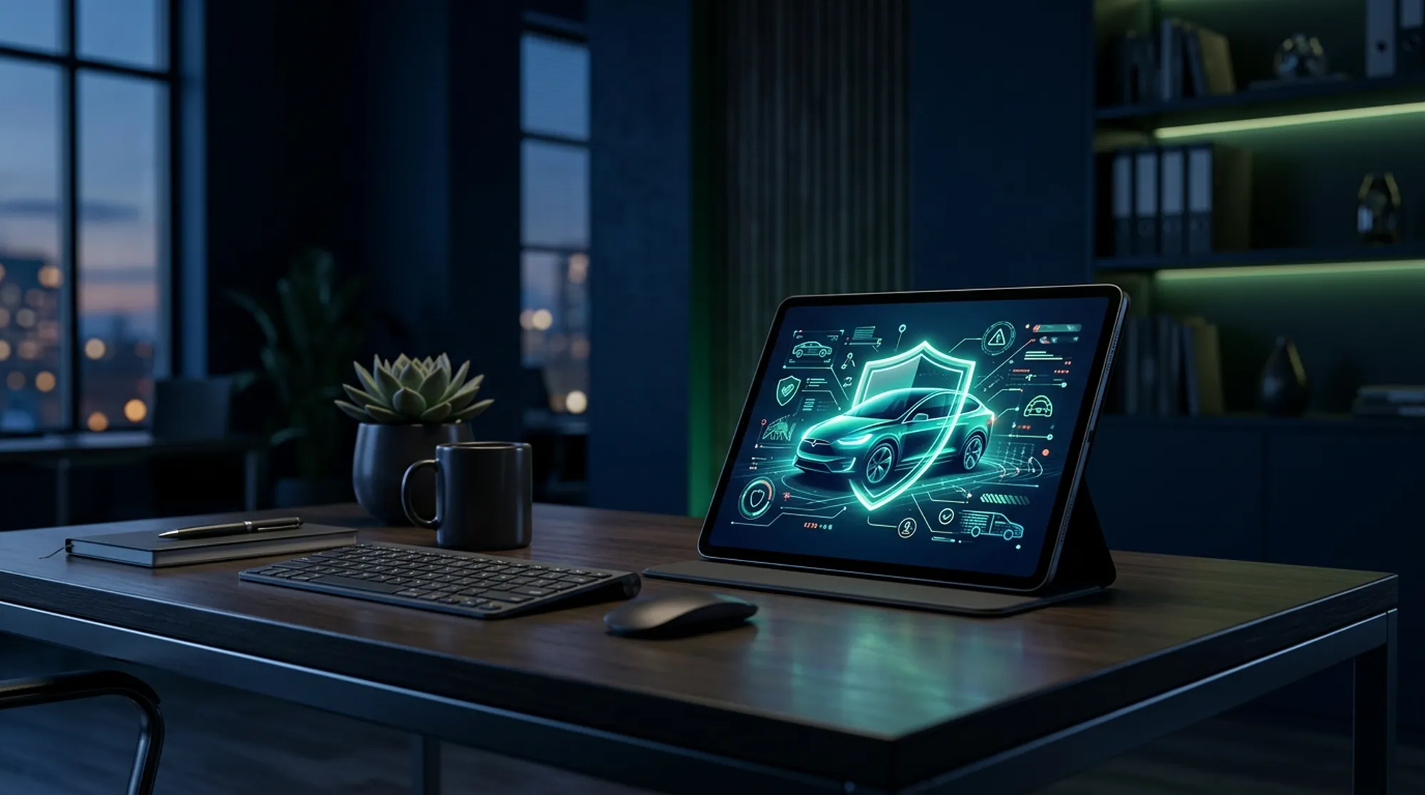 Ilustracja edukacji o ubezpieczeniu komunikacyjnym — nocne biuro z materiałami szkoleniowymi