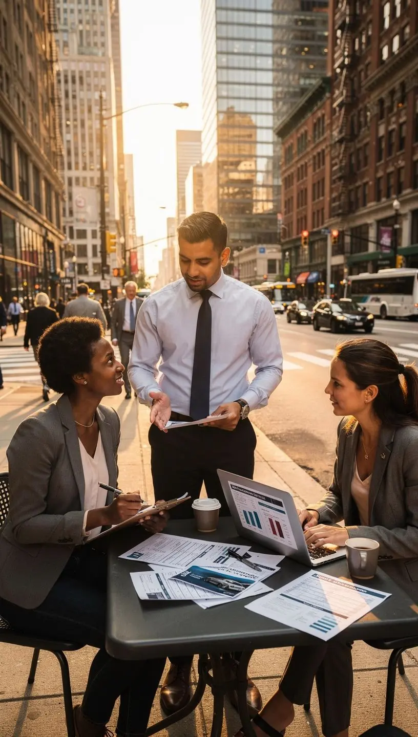 Изображение группы людей, обсуждающих варианты автострахования в местном офисе.